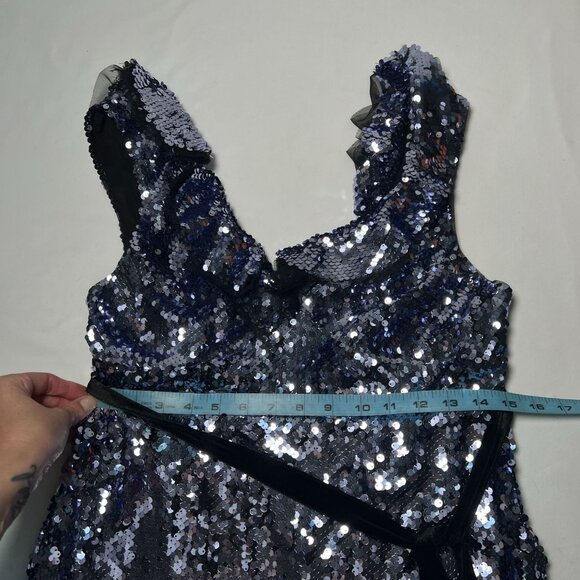 Free People Siren Sequin Mini Dress Purple Silver Ruffle Velvet Trim Party Sz 6 - Picture 10 of 16